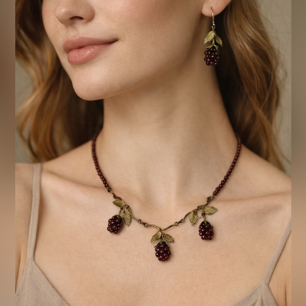 Michael Michaud Raspberry Garnet & Bronze Necklace & Earrings Jewelry Set